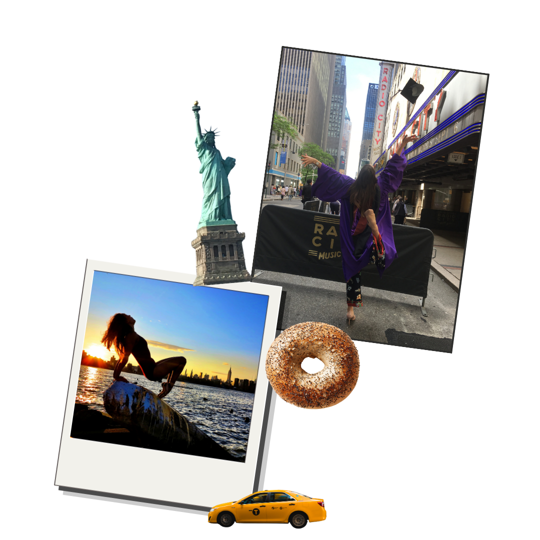 New York dance-film collage with city imagery and a yellow cab