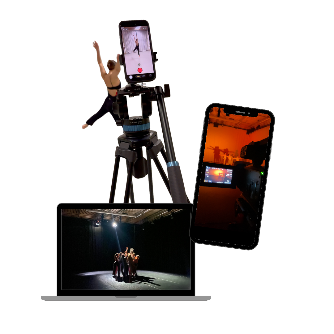 A filmmaking setup on a dark background: a tripod, a smartphone showing a dancer, and a laptop editing dance footage.